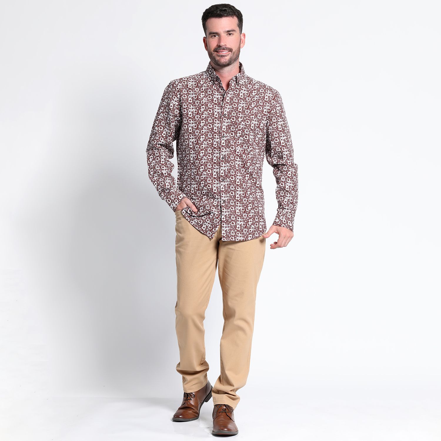 Camisa Oxford Estampada Manga Larga Slim Fit