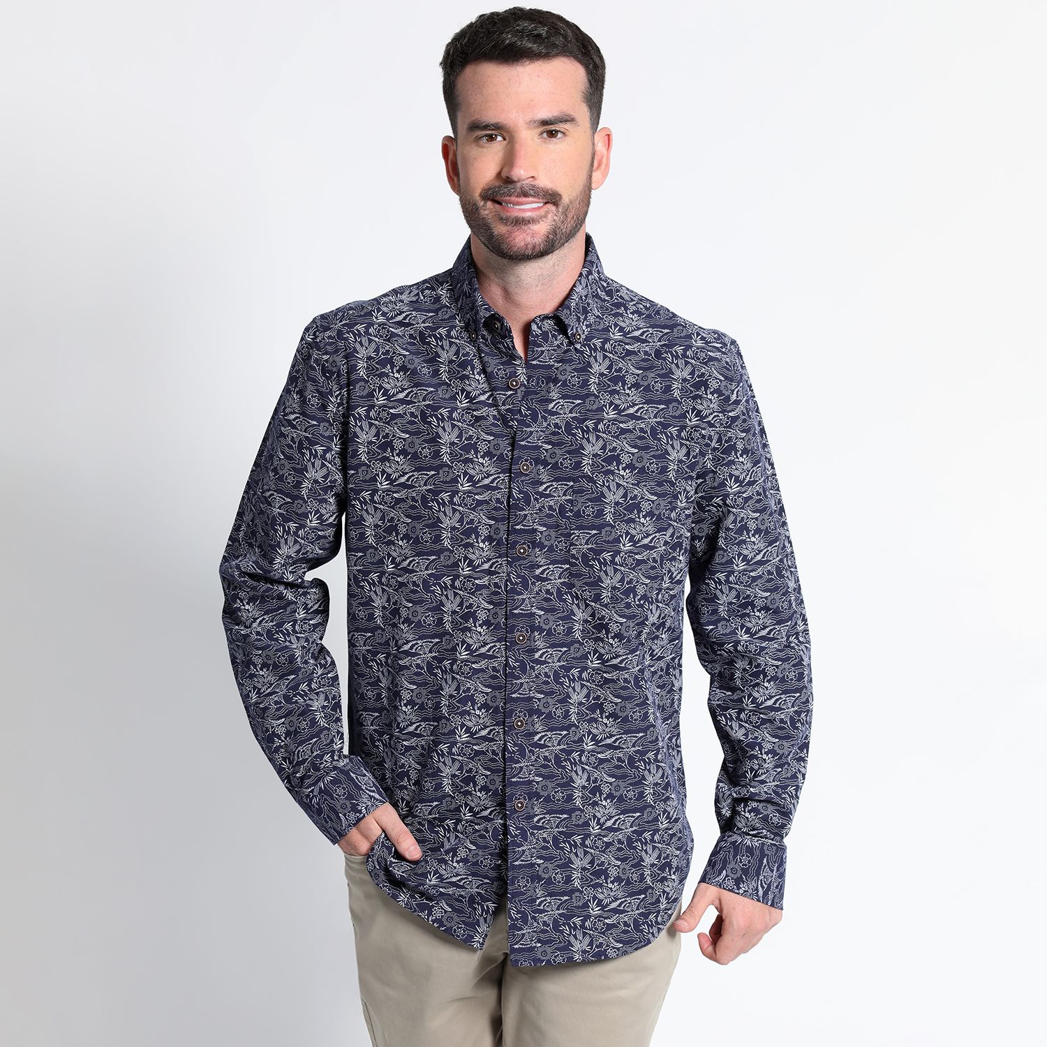 Camisa Oxford Estampada Manga Larga Slim Fit