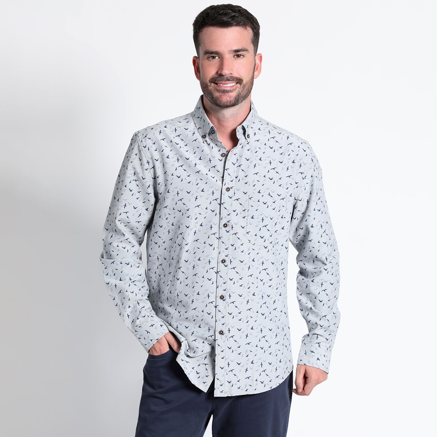 Camisa Oxford Estampada Manga Larga Slim Fit