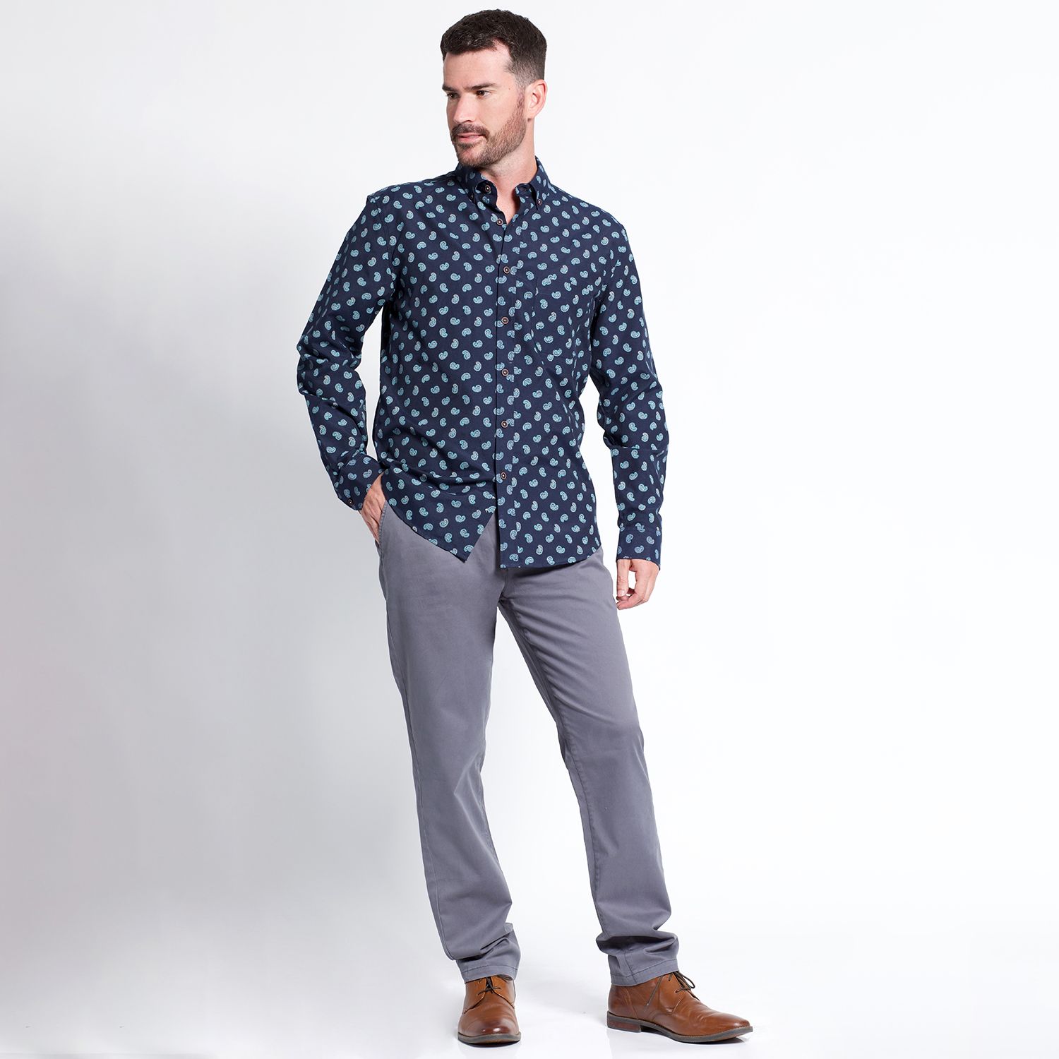 Camisa Oxford Estampada Manga Larga Slim Fit