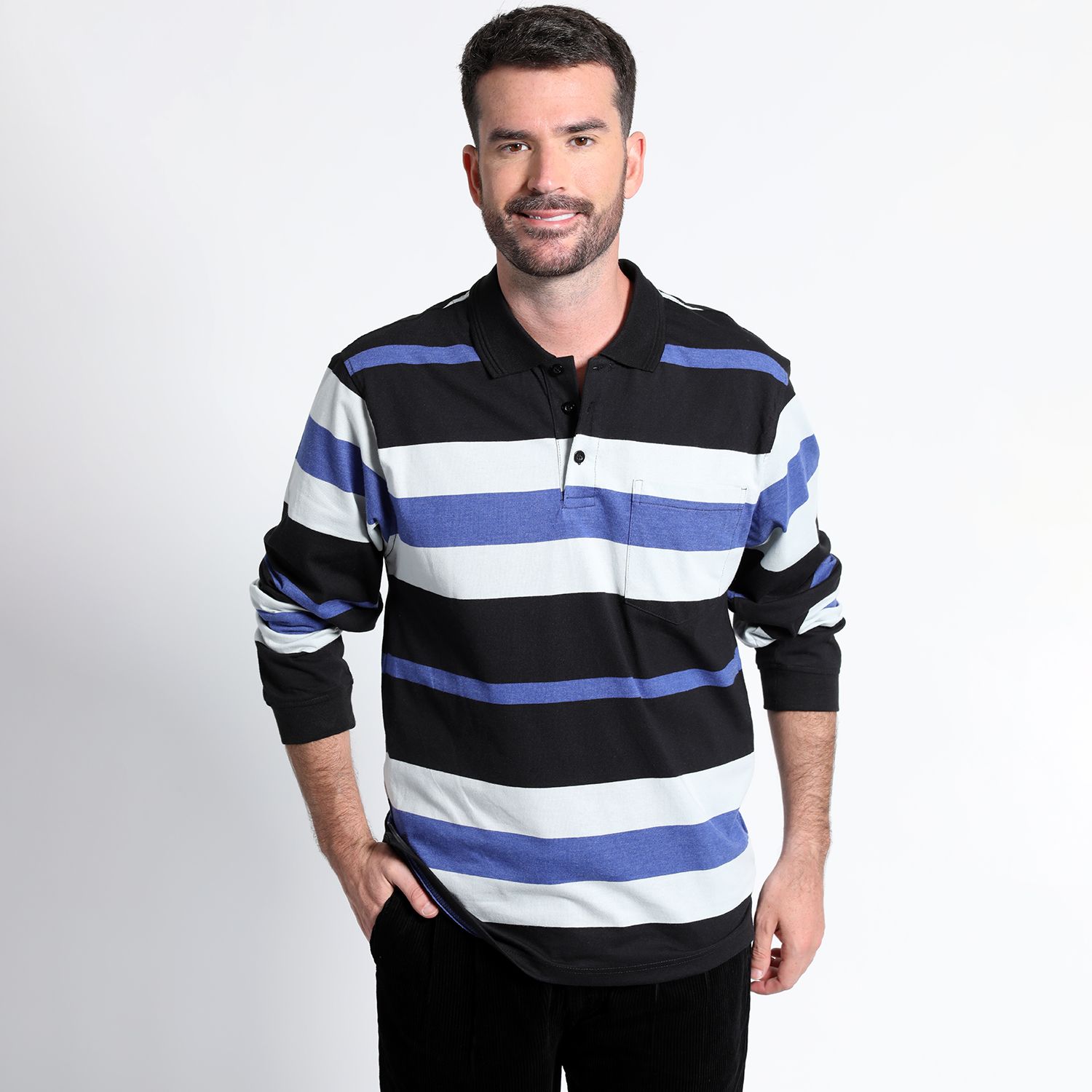 Polera Jersey  Listada Cuello Camisero Manga Larga Regular Fit