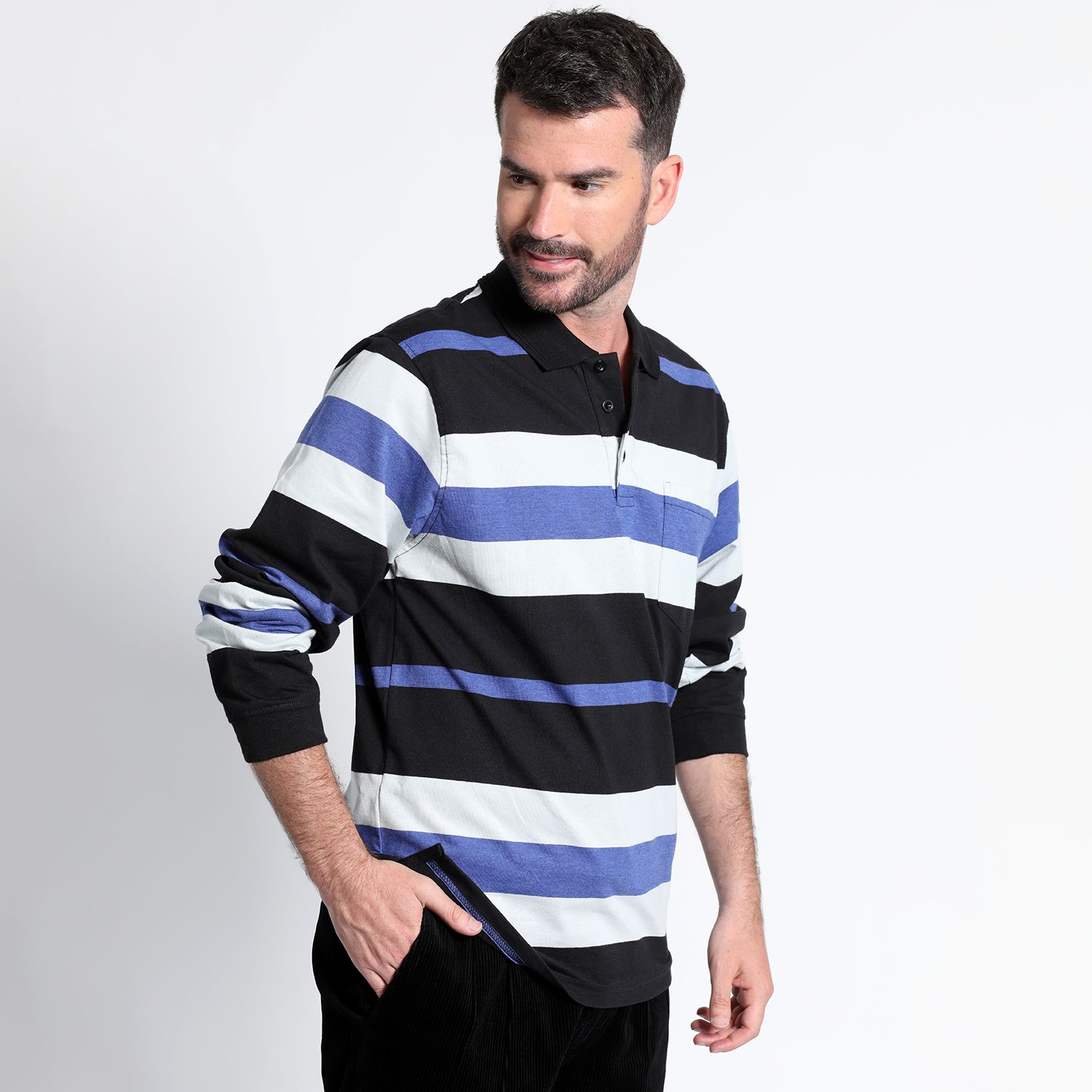 Polera Jersey  Listada Cuello Camisero Manga Larga Regular Fit