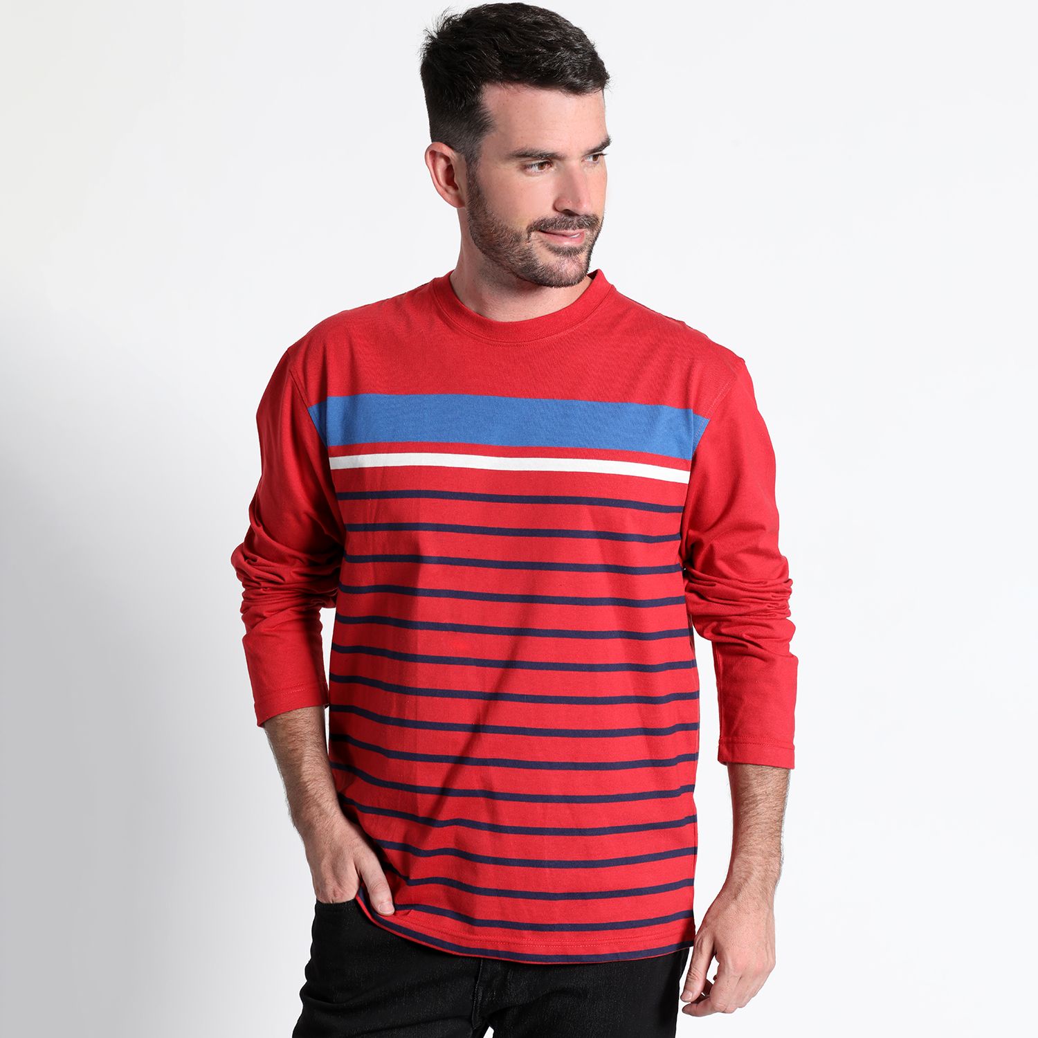 Polera Jersey Listada Cuello Redondo Manga Larga Regular Fit