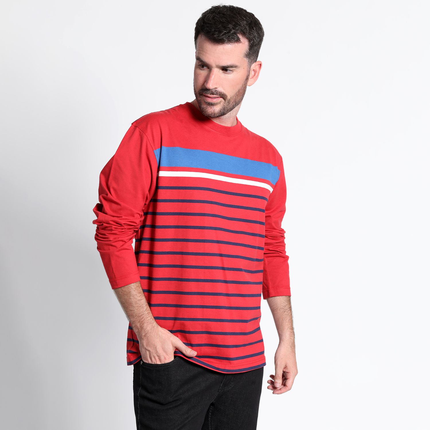 Polera Jersey Listada Cuello Redondo Manga Larga Regular Fit