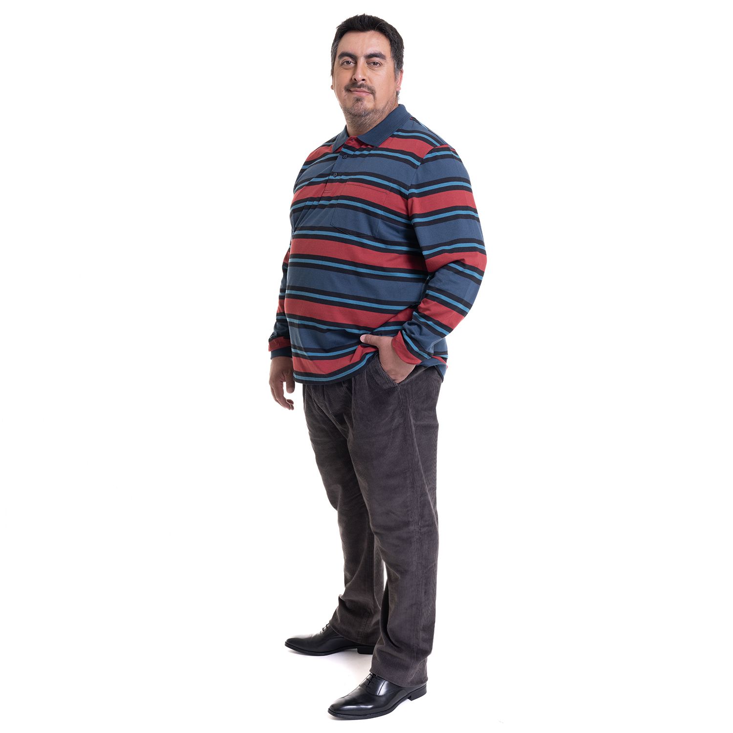 Polera Manga Larga Jersey Listada Cuello Camisero Regular Fit