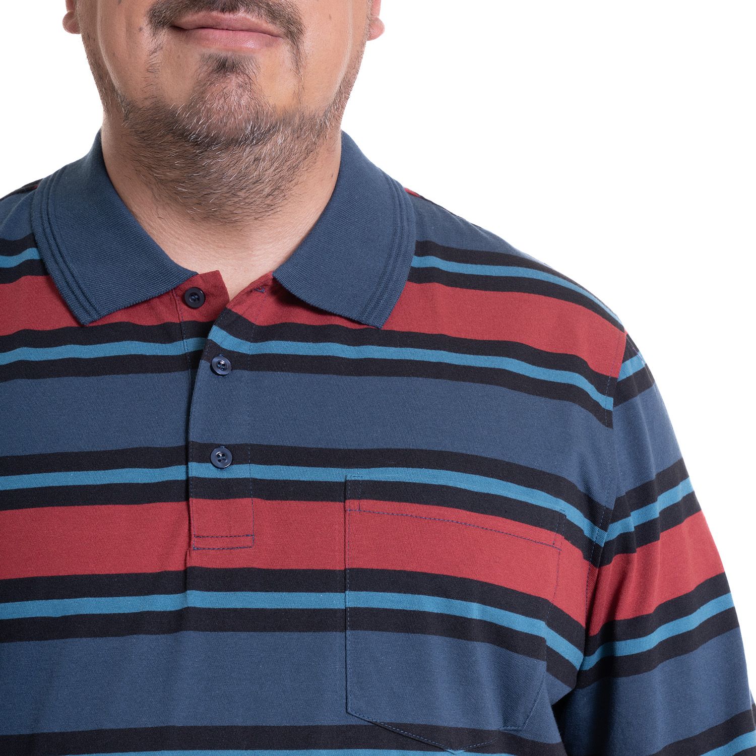 Polera Manga Larga Jersey Listada Cuello Camisero Regular Fit