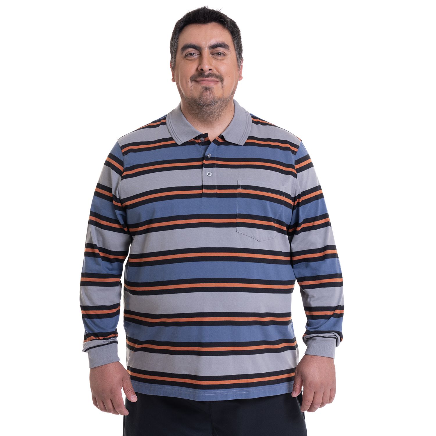 Polera Manga Larga Jersey Listada Cuello Camisero Regular Fit