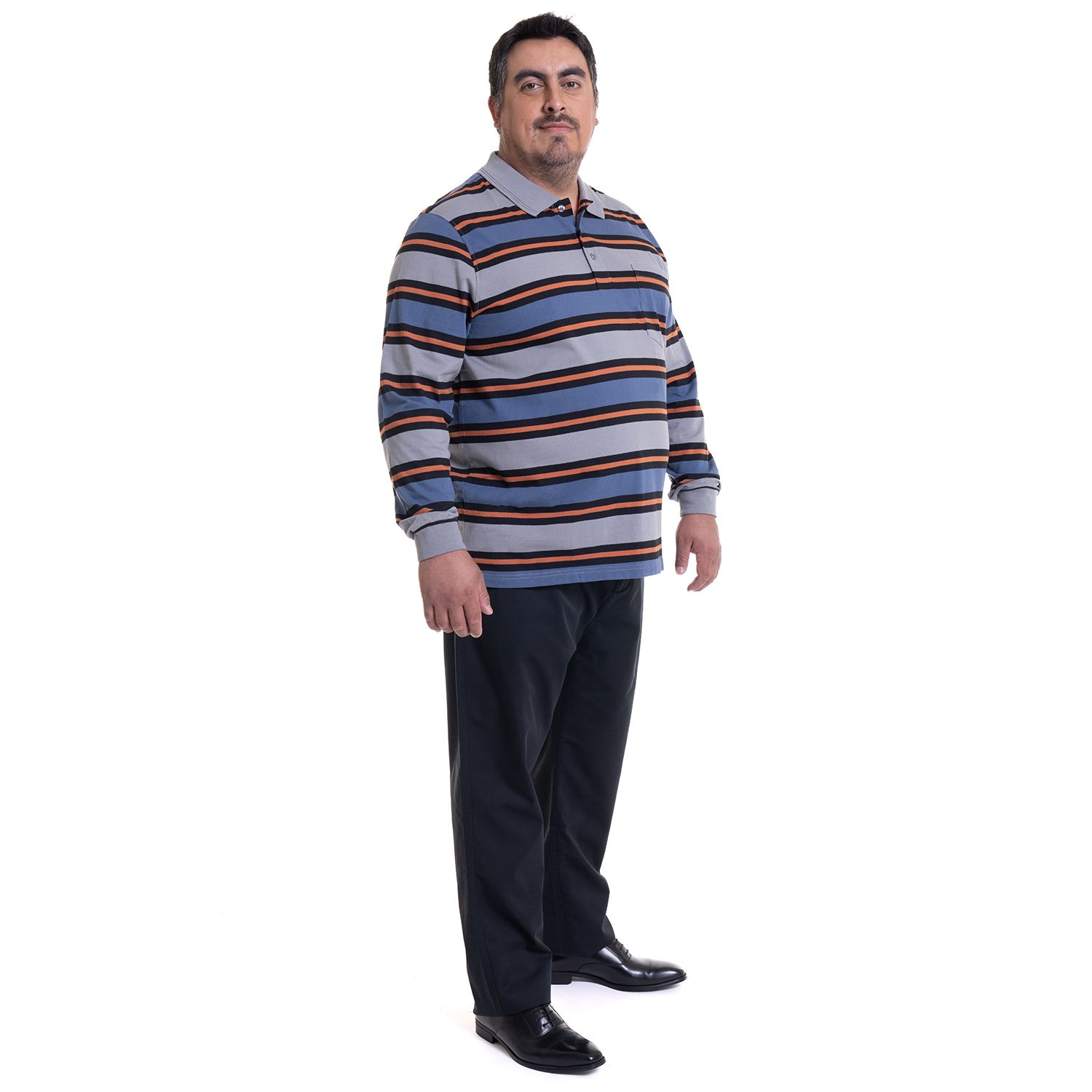 Polera Manga Larga Jersey Listada Cuello Camisero Regular Fit