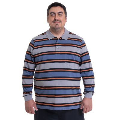 Polera Manga Larga Jersey Listada Cuello Camisero Regular Fit